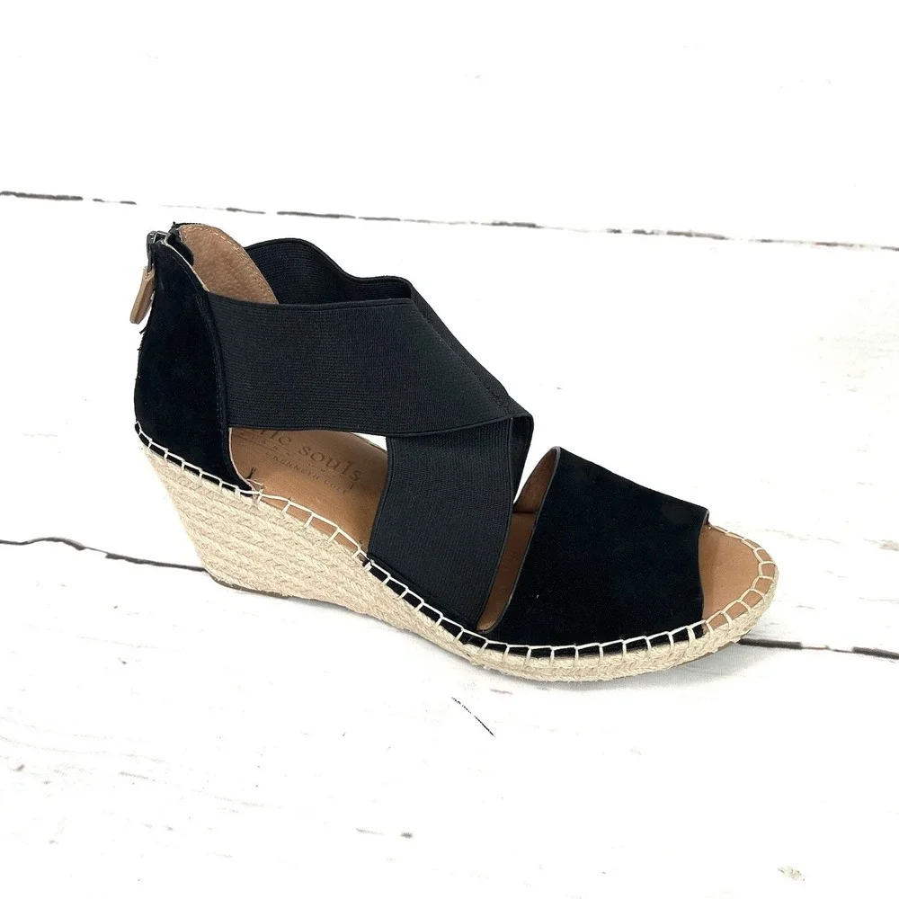 Gentle Souls Shoes Women's 10 Black Colleen Espadrille Wedge Sandals  New
